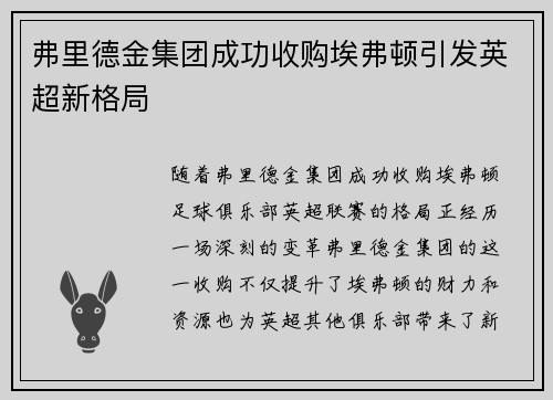 弗里德金集团成功收购埃弗顿引发英超新格局 弗里德金集团成功收购埃弗顿引发英超新格局