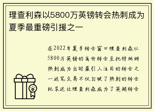 理查利森以5800万英镑转会热刺成为夏季最重磅引援之一